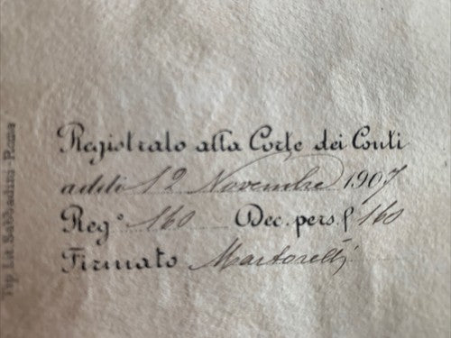 🔴 VITTORIO EMANUELE III, Titel FINANZRECHNER, Dekret des RECHNUNGSPRÜFERGERICHTS 1907 