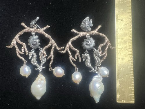 MMA Boucles Collier Argent 925 Laminé Or Perles Original Chevaux Marins