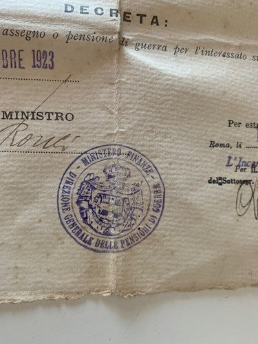 🔴 DECRETO negazione di assegno o pensione di guerra MINISTERO DEL TESORO 1923