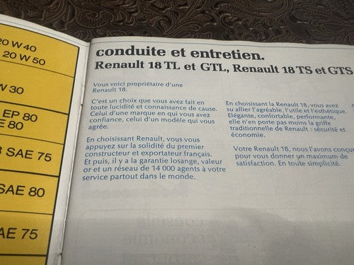Renault 18 Livret Voiture Utilisation et Entretien Langue France Original Cru