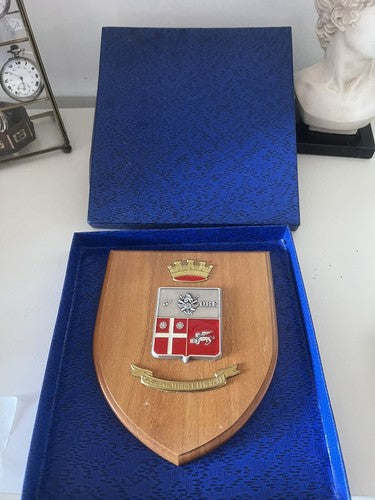 🔴 Crest militare SICURI PER TERRA E MARE scudo di legno effige metallo vintage