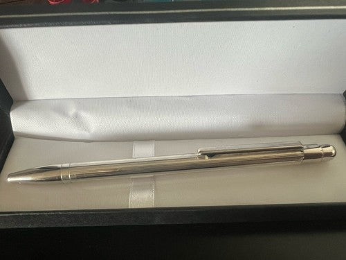 🔴 Penna sfera ARGENTO 925 MASSICCIO 925 righe pulsante a scatto scrive vintage