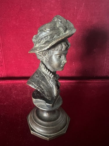 🔴 DONNA statua bronzo cera fusa scultura busto dama con cappello L 6 h 14 cm