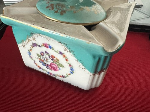 Pillivuyt Cendrier Porcelaine Français Fleurs Peinture Main Avec Couvercle 