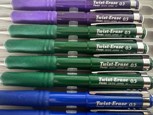 Pentel Crayon Mécanique Twist Erase Mine 0,5 Crayons Green-Purple-Blue Lot 