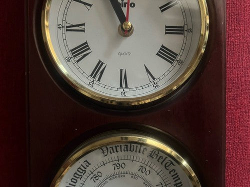 🔴 BINO Barometer-Wanduhr aus Holz und Messing mit Bullauge 