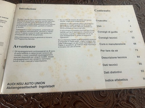 Audi 80 Booklet Car Use Maintenance Italian Original Vintage 