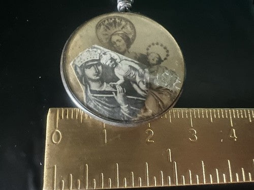 🔴 Ciondolo MADONNA CON BAMBINO santini ARGENTO 800 olografia su carta vintage