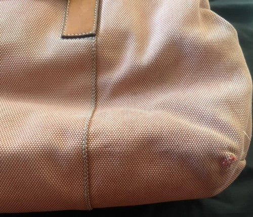 🔴 Große BULGARI Damen-Tasche aus pfirsichfarbenem Leder und Stoff mit Gebrauchsspuren, ORIGINAL 