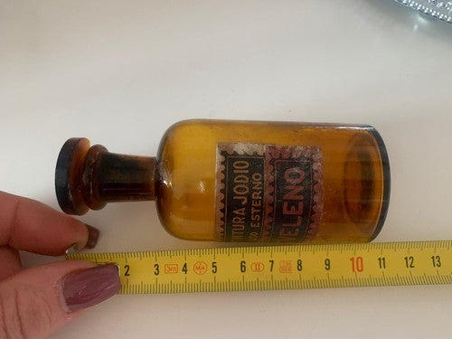 🔴 Bottiglia vetro AMPOLLA tintura Iodio medica laboratorio VINTAGE vetro h. 11