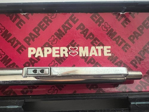 🔴 PAPERMATE penna sfera nera cromata scrive con scatola vintage mai usata