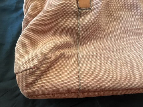 🔴 Große BULGARI Damen-Tasche aus pfirsichfarbenem Leder und Stoff mit Gebrauchsspuren, ORIGINAL 