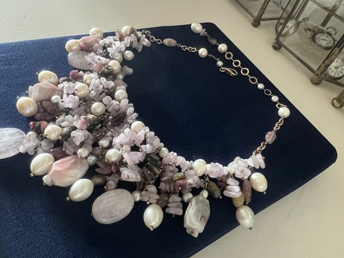 Déesse Collier de Bijoux Argent Plaqué Or Tempête De Quartz Rose Perles 