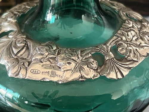 🔴 Vasi ampolle ARGENTO 925 e VETRO verde da essenze ed olio con ricamo