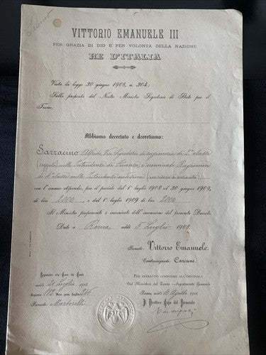 Certificat D'Honneur Vittorio Emanuele III Titre Comptable Finance 1908