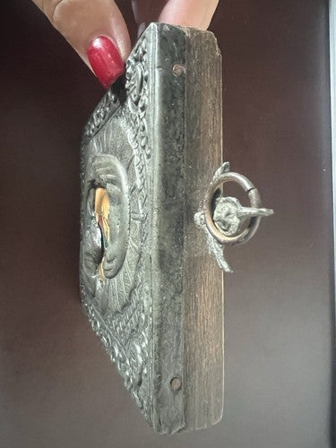 🔴 MADONNA con BAMBINO icona Sacra metallo Cesellato pittura base legno vintage