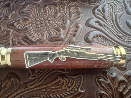 Red Ballpoint Pen Rifle RAIN HUNTER Metal Wood With Cartridge Writes Vintage