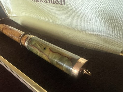 🔴 WATERMAN'S marbled celluloid lever fountain pen with antique GOLD nib 