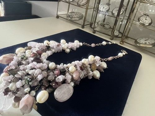 🔴 DEA GIOIELLI collana ARGENTO placcata oro tempesta di QUARZO ROSA perle