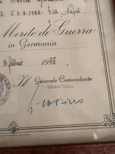 🔴 Attestato MERITO E CROCE guerra Italia Germania 1966 quadro timbri ORIGINALE
