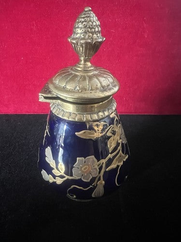 Blue Ceramic Desk Inkwell With Painted Gold Filigree