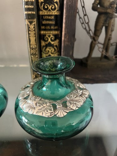 🔴 Vasi ampolle ARGENTO 925 e VETRO verde da essenze ed olio con ricamo