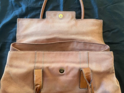 🔴 Große BULGARI Damen-Tasche aus pfirsichfarbenem Leder und Stoff mit Gebrauchsspuren, ORIGINAL 