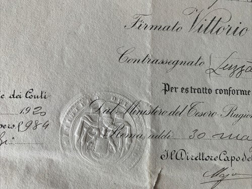 Vittorio Emanuele III, Titre Comptable Finance Arrêté Courtes Des Conti 1920