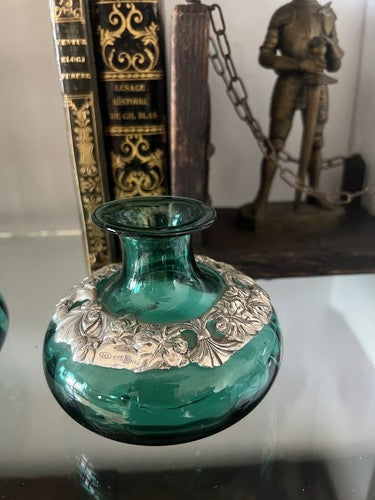 🔴 Vasi ampolle ARGENTO 925 e VETRO verde da essenze ed olio con ricamo