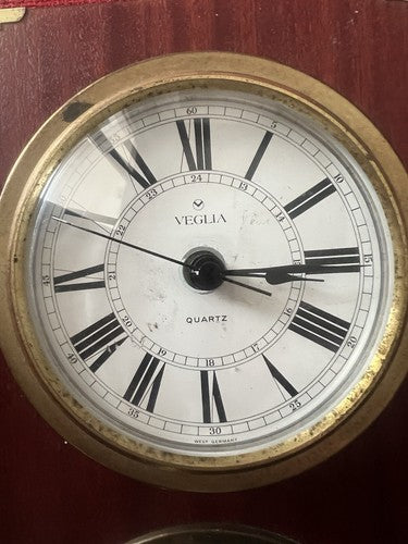 🔴 VEGLIA Wanduhr-Barometer aus Holz und Messing mit Bullauge 