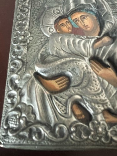 🔴 Madonna mit Kind, heilige Ikone, gemeißeltes Metallgemälde, Holzsockel, Vintage 