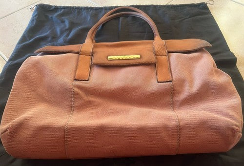 🔴 Große BULGARI Damen-Tasche aus pfirsichfarbenem Leder und Stoff mit Gebrauchsspuren, ORIGINAL 
