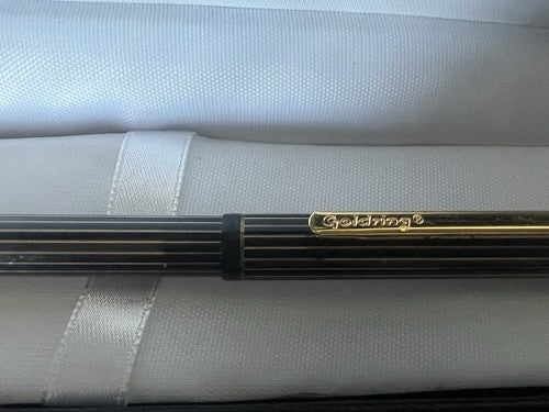 🔴 GOLDRING penna sfera lacca nera righe profili dorati scrive prodotta Germania