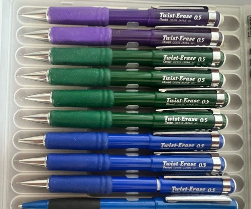 Pentel Crayon Mécanique Twist Erase Mine 0,5 Crayons Green-Purple-Blue Lot 