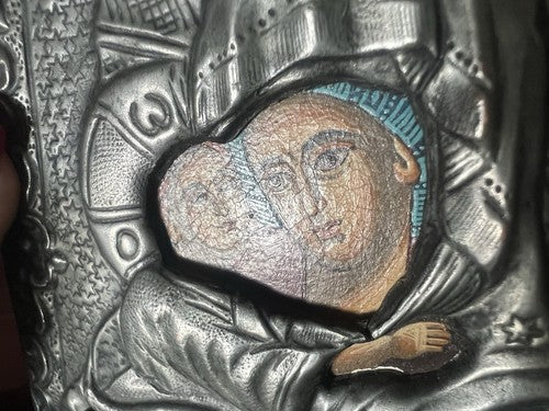 🔴 MADONNA con BAMBINO icona Sacra metallo Cesellato pittura base lignea vintage