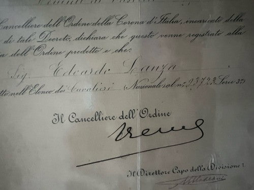 Vittorio Emanuele III Certificat Cavaliere Gran Maestro Ordre Couronne Italie