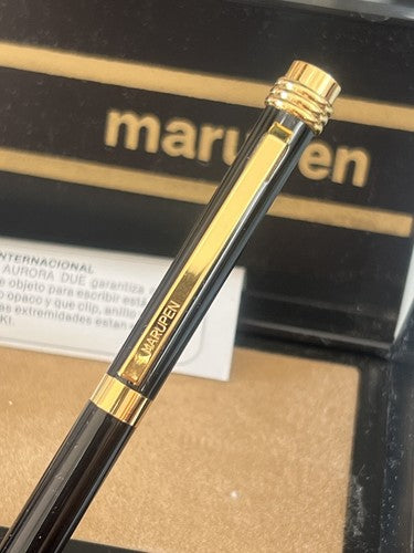 🔴 MARUPEN penna sfera in lacca nera profili dorati certificato scatola VINTAGE