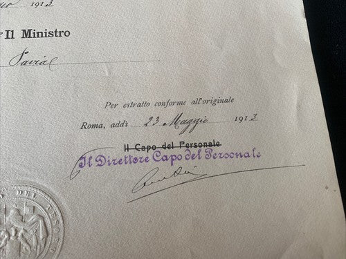 Certificat D'Honneur Comptable D'État Vittorio Emanuele Ministère Trésor 1913