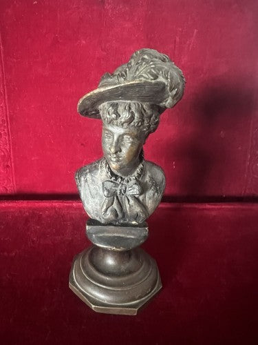🔴 DONNA statua bronzo cera fusa scultura busto dama con cappello L 6 h 14 cm