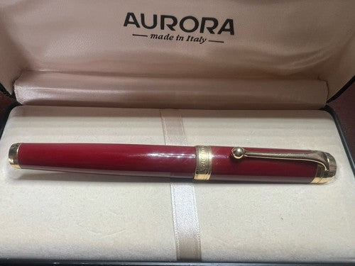 🔴 AURORA penna sfera D72 resina rossa profili dorati refill roller con astuccio