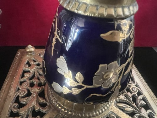 🔴 Calamaio scrivania ceramica blu e ottone traforato dipinto con ORO ZECCHINO