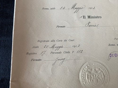 Certificat D'Honneur Comptable D'État Vittorio Emanuele Ministère Trésor 1913