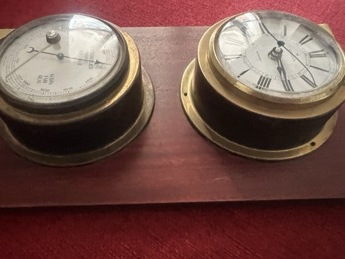 Red Veglia Wall Barometer Clock In Wood And Brass With Porthole