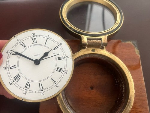 🔴 Orologio parete muro barca metallo base legno nautico oblò al quarzo vintage