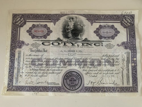 Antique Titre, Action 8 Actions New York City Coty Inc, Wilmington Trust 1948 