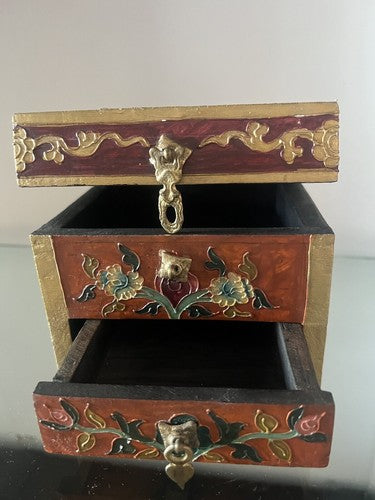 Boîte à Bijoux Chinoise Bois Dragon Peinture Coffret Trésor Trousse Vintage 12