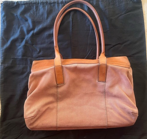🔴 Große BULGARI Damen-Tasche aus pfirsichfarbenem Leder und Stoff mit Gebrauchsspuren, ORIGINAL 