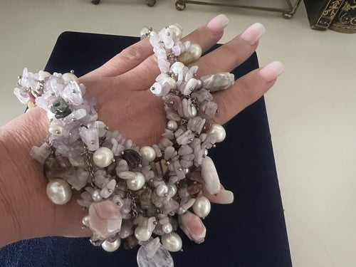 Déesse Collier de Bijoux Argent Plaqué Or Tempête De Quartz Rose Perles 