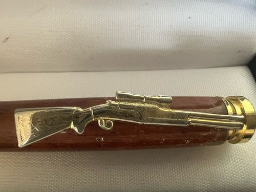 Red Ballpoint Pen Rifle RAIN HUNTER Metal Wood With Cartridge Writes Vintage