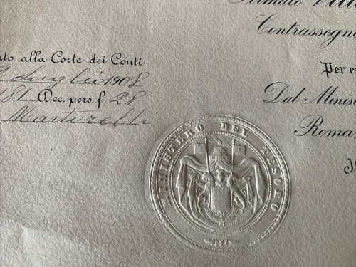 🔴 VITTORIO EMANUELE III, Titel FINANZRECHNER, Dekret des RECHNUNGSPRÜFERGERICHTS 1908 